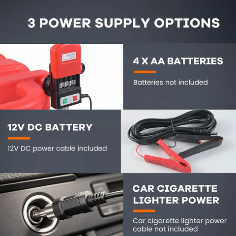 Image showing power supply options for Heavy Duty Battery Powered Fuel Transfer Pump Pulling 3.8 Gallons Per Minute including 12V DC and AA batteries.