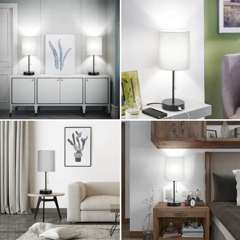 Two Pack 17.3 Inch Table Lamps With USB Ports And AC Outlet For Bedside Nightstands And Desks Or Living Rooms, Modern Gray Fabric Shade Lamps With Pull Chain Switch, Totally Perfect For Bedroom Office Nursery Reading shown in various rooms