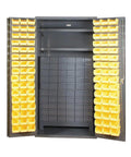 Industrial Lockable Storage Cabinet 72X36X24 Inches Heavy Duty Small Parts Safety Vault With Reinforced Steel Shelves, open view showing yellow bins.
