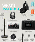 On The Go Podcast Studio Bundle With Dual CastMic Dynamic Mics, MDX Two USB Audio Interface, accessories and case displayed