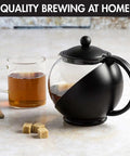 Half Moon Glass Teapot With Removable Infuser And Fine Mesh Stainless Steel Filter Dishwasher Safe 40 Ounce Black Tea Maker.