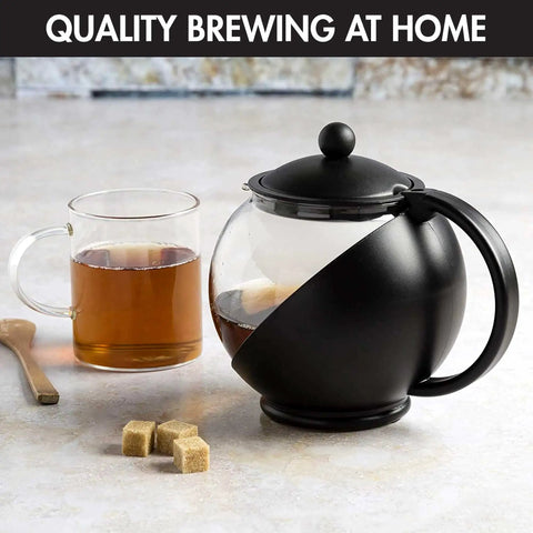 Half Moon Glass Teapot With Removable Infuser And Fine Mesh Stainless Steel Filter Dishwasher Safe 40 Ounce Black Tea Maker.