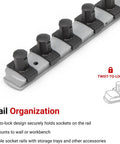 Quarter Inch Drive Socket Rail For Eight Inch Sockets With Twist To Lock Clips And Tray Lock Feature, Heavy Duty Pro Grade Steel Organizer For Tools, Keeps Sockets Secure And Easily Accessible, Ideal For Shop Or Garage. gray socket rail with twist-lock clips