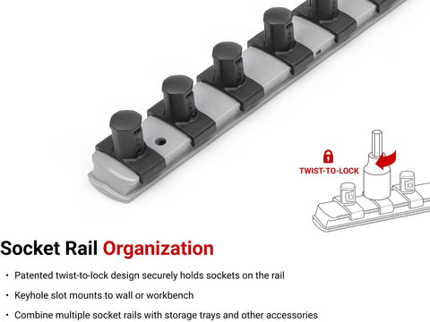 Quarter Inch Drive Socket Rail For Eight Inch Sockets With Twist To Lock Clips And Tray Lock Feature, Heavy Duty Pro Grade Steel Organizer For Tools, Keeps Sockets Secure And Easily Accessible, Ideal For Shop Or Garage. gray socket rail with twist-lock clips