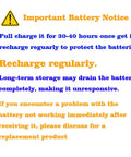 Important battery notice with instructions on charging and maintenance.