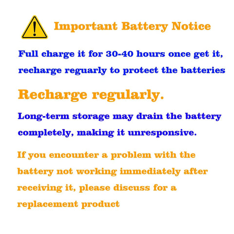Important battery notice with instructions on charging and maintenance.