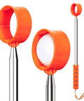 Telescopic Golf Ball Retriever Nine Foot With Double Sided Pickup Head, stainless steel, orange grip and head, lightweight tool.