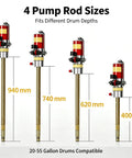 4 pump rod sizes for Top Notch 800W Cordless Electric Drum Pump For Oil Transfer with depth measurements.