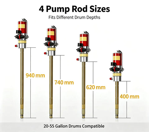 4 pump rod sizes for Top Notch 800W Cordless Electric Drum Pump For Oil Transfer with depth measurements.