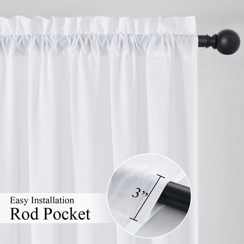 White Privacy Curtains Four Panels Light Filtering Rod Pocket Top Window Drapes 42 Inch Wide By 63 Inch Long Each Non See Through Opaque for Kitchen Bathroom Living Room Decor installed on rod