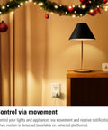 Super Smooth Wireless Smart Motion Sensor 3 Pack Wide Angle Indoor Outdoor Detection No Sweat Setup Works With Apple Home Alexa Google SmartThings Automate Your House Like A Pro Requires Thread Border Router near a table lamp.