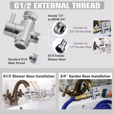 Brass Diverter Valve With Aerator And 3 Way Splitter, installation guide for sink hose attachments, chrome finish.