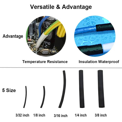 Dual Wall Adhesive Heat Shrink Tubing Kit, 280 Pieces, Five Sizes 3/8 In, 1/4 In, 3/16 In, 1/8 In, 3/32 In, waterproof and heat resistant.