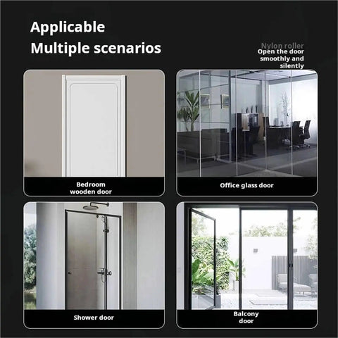 Automatic Door Closer For 20-40 Kg Doors, shown on various door types including bedroom, office, shower, and balcony doors