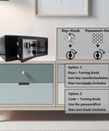 Digital Keypad Safe Lock Box 0.6 Cu Ft Steel Deposit Safe with instructions for password and key access, placed on cabinet