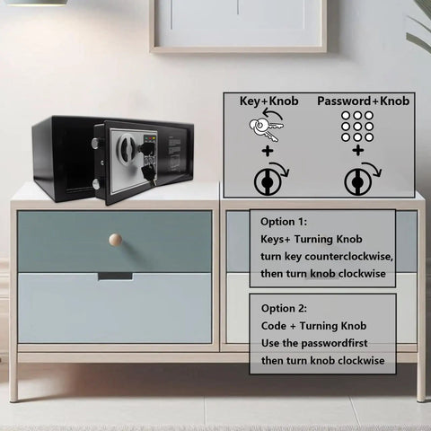 Digital Keypad Safe Lock Box 0.6 Cu Ft Steel Deposit Safe with instructions for password and key access, placed on cabinet