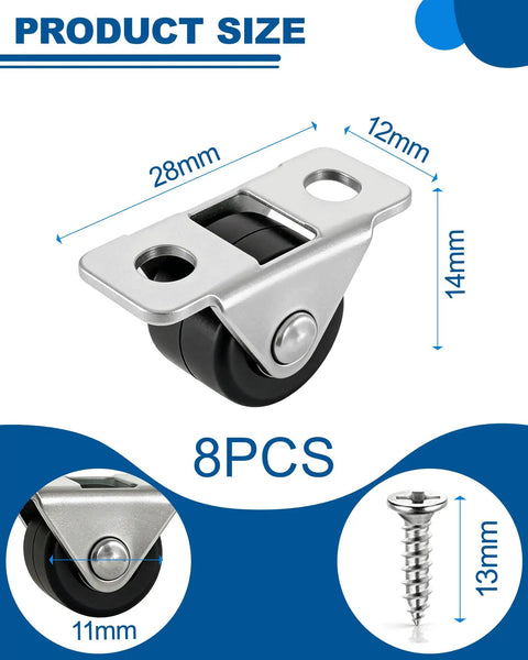 Eight Pack Mini Fixed Caster Wheels 1/2 Inch Quiet Rubber Casters With Metal Top Plate For Furniture And Storage Bins, Single Direction Small Appliance Wheels, Ultra Compact, Space Saving, Under Bed Friendly Rigid Plate Casters