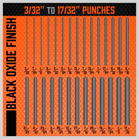 Transfer Punch Set 28-Piece, 3/32 Inch To 1/2 Inch, heat treated alloy steel with black oxide finish, displayed on orange background.