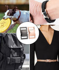 Paracord Buckle Set Six Pack Quick Release 5/8 Inch Buckles For Nylon Straps Belts Backpacks Webbing Pet Collars Sewing Accessories Rose Gold Finish displayed in various uses.