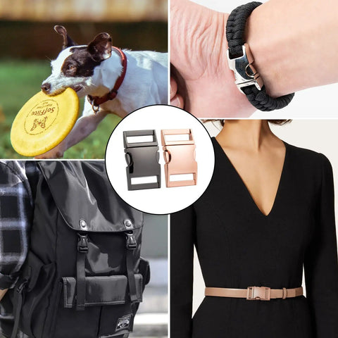 Paracord Buckle Set Six Pack Quick Release 5/8 Inch Buckles For Nylon Straps Belts Backpacks Webbing Pet Collars Sewing Accessories Rose Gold Finish displayed in various uses.