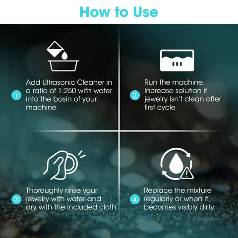 How to use Ultra Strong 32 Oz Ultrasonic Jewelry Cleaner Solution with mixing, rinsing, and replacement instructions.
