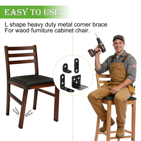 Heavy Duty L Shaped Shelf Brackets Set In Black Stainless Steel 96 Pack installed on a chair with a person holding a drill.