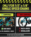 Diagram showing compatibility of the Pink Solid Toddler Bicycle Chain Cover Snap On No Tools Required with single-speed chains.