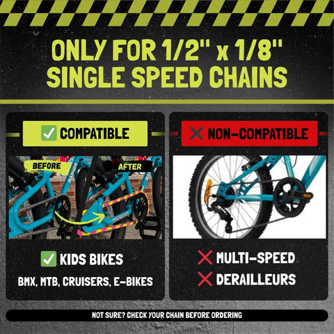 Diagram showing compatibility of the Pink Solid Toddler Bicycle Chain Cover Snap On No Tools Required with single-speed chains.