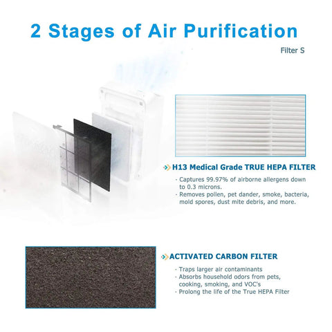 Visual breakdown of Replacement Filter S For Winix C545 Air Purifier, H13 main filter and activated carbon, two-stage filtration system.