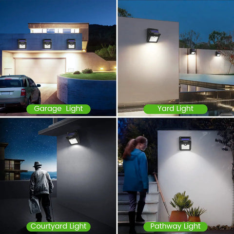 Solar Motion Sensor Security Lights Outdoor Wall Mount Waterproof Wireless 28 LED 4 Pack For Garden Backyard Back Door Steps Fence Deck Yard Driveway No Fuss Install All Weather Illumination