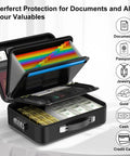 Open hard shell fireproof document safe box with lock showing document organizer, cash, and valuables inside, black