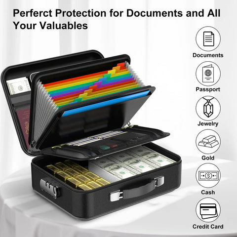 Open hard shell fireproof document safe box with lock showing document organizer, cash, and valuables inside, black