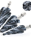 Workhorse Four Flute Step Drill Bit Set for Metal and Wood With TiAlN Wear-Resistant Cobalt Coating One Quarter Inch Hex Shank