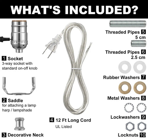 DIY Lamp Wiring Kit With 3 Way Socket, 12 Ft Cord, Hardware Pack And Table Lamp Repair Parts components with labels