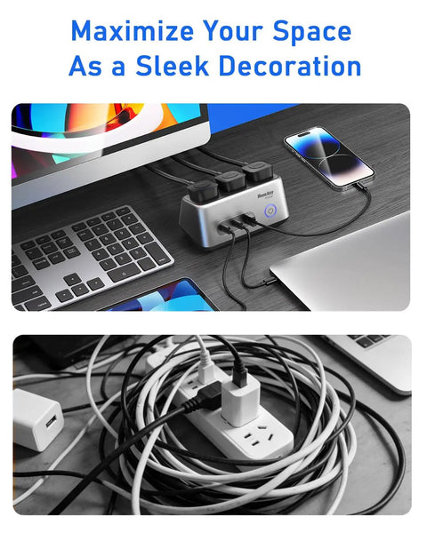 Heavy Duty Desk Power Hub Delivering 100W Fast Usb C Charging With Three Wide Ac Outlets And A Slim Five Foot Flat Cable on a desk with devices.