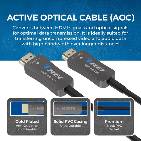 Heavy Gauge 100 Foot Fiber Optic Hdmi Cable 2.0B with gold plated connectors for optimal 4K Ultra HD performance.