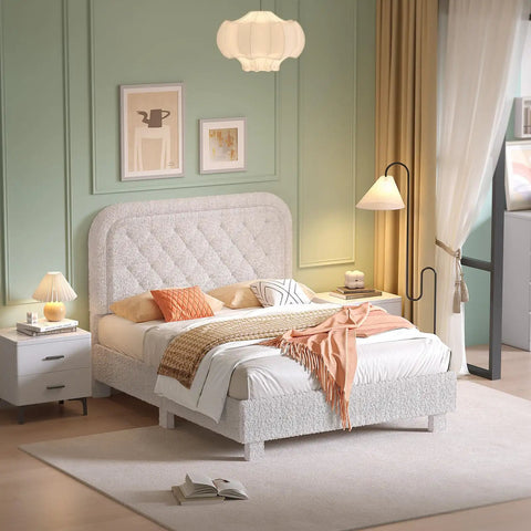 White Queen Boucle Upholstered Platform Bed With Rounded Headboard Sturdy Wood Slats Plush Cloud Back Cushioning in modern bedroom