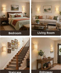 Battery Operated Wall Sconce Set Of Two With Remote And Usb C Rechargeable Power No Drill Setup for cozy bedroom, living room, staircase and entryway.