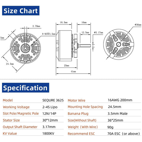 Technical size chart and specifications for 1800KV Outrunner Brushless Motor For 1/10 RC Crawler, Beefed-Up Torque With 14 Pole 12 Slot Design, 2-4S Lipo Compatible, 3.5mm Banana Connector, CNC Aluminum Shell, 24.5mm Mount, Mega Power For Hardcore Climbs.