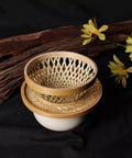 Handcrafted Bamboo Pour Over Coffee Dripper With Secure Fixed Drip Tray And Reusable Cone Filter For Smooth One To Three Cup Daily Brew Sessions, two bamboo pieces on dark background.