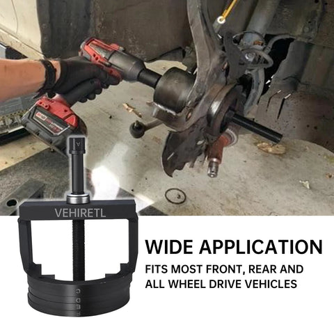 Wheel Bearing Removal And Installation Tool Kit for front rear and all wheel drive vehicles, shown in use with hub puller and installer set.