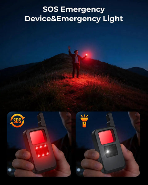 Man using SOS emergency light at night, featuring Hidden Camera Detector With LED Screen And Anti Spy Wireless Scanner.
