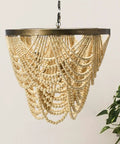 Two Tier Draped Wood Bead Chandelier in Gold Washed Metal with Ivory Beads, boho chic, rustic ceiling light for dining room or living space