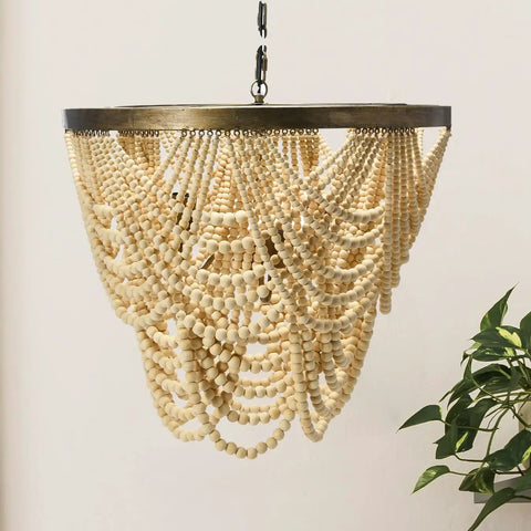 Two Tier Draped Wood Bead Chandelier in Gold Washed Metal with Ivory Beads, boho chic, rustic ceiling light for dining room or living space