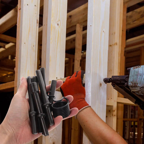 Heavy Duty Air Hammer Rivet Set With Stainless Steel Drilling Pins. Solid Silver Pneumatic Riveting Tool For Automotive And Industrial Work. Super Versatile Drill Punch Kit That Crushes Hard Jobs Like A Boss! black drill pins held during wood framing installation