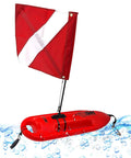 Compact Lifeguard Float Rescue Can Buoy 28 Inch For Spearfishing And Scuba Dive Durable Polyethylene Torpedo Style Buoy With High Buoyancy Saltwater UV Resistant Great Safety And Rescue Tool, red buoy with dive flag