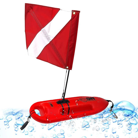 Compact Lifeguard Float Rescue Can Buoy 28 Inch For Spearfishing And Scuba Dive Durable Polyethylene Torpedo Style Buoy With High Buoyancy Saltwater UV Resistant Great Safety And Rescue Tool, red buoy with dive flag
