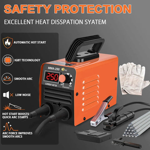 Mini Stick Welder 110V 250A Portable MMA Welding Machine For Beginners with accessories shown including gloves and rods.