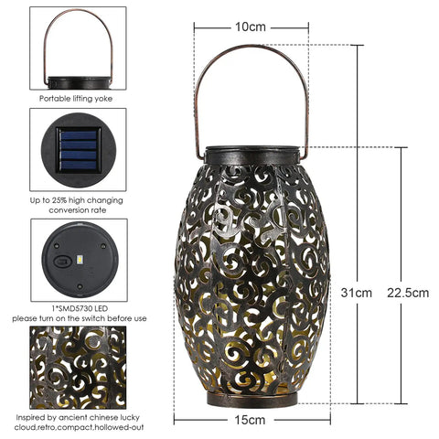 Fairy Solar Lights Outdoor Garden Decor Bucket Type showing dimensions and design with hollowed-out pattern and metal handle.