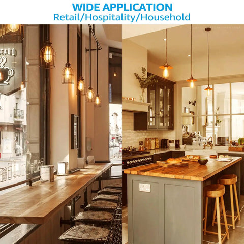 Dimmable Vintage Edison LED Bulbs 7W Filament, 800 Lumens, Soft White 2700K, lighting in cafe and kitchen settings.